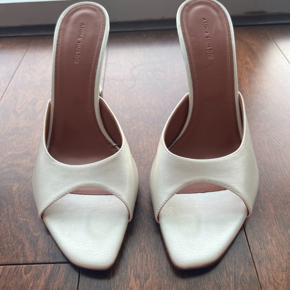 Amina Muaddi Alexa Slipper White Satin 90 MM Heel Height